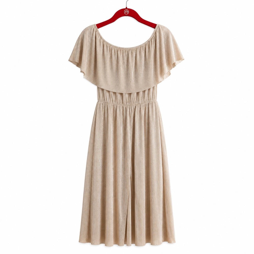 Everly Metallic Pleated Jumpsuit Romper Small Gold Ruffle Off Shoulder Shimmer